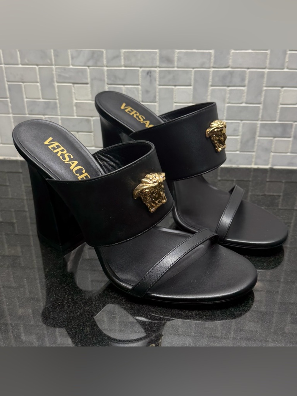 Versace Black Leather Platform Sandals Medallion Logo Slip On Women's EU 38 - Picture 2 of 7